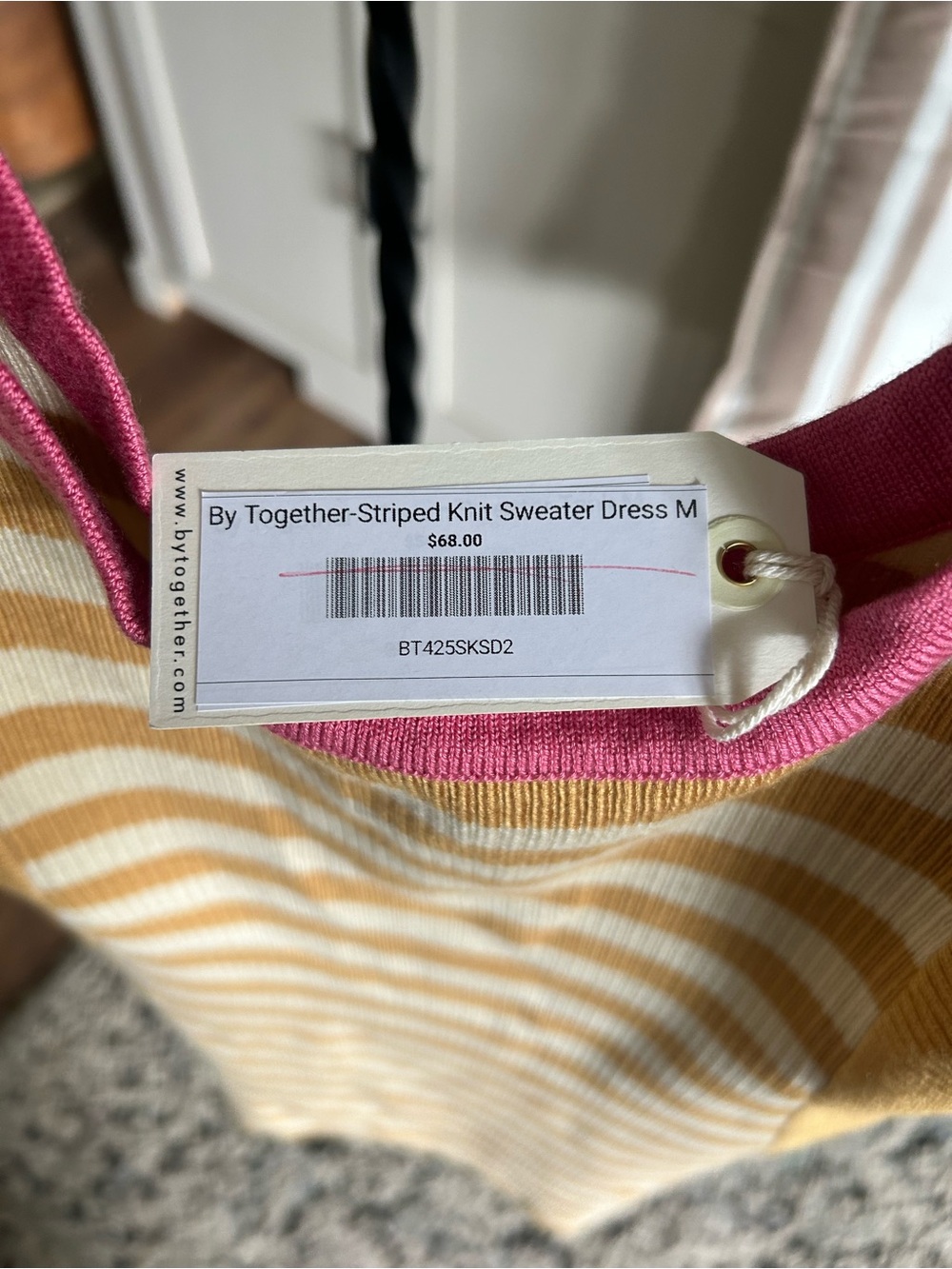 Striped Knit Sweater Dress in Mustard, Cream & Pink Trim - Picture 4 of 5